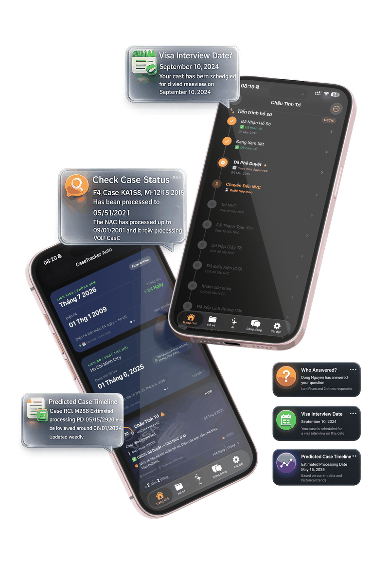 Ứng dụng CaseTracker Auto — tin tức USCIS/NVC, Visa Bulletin và cộng đồng